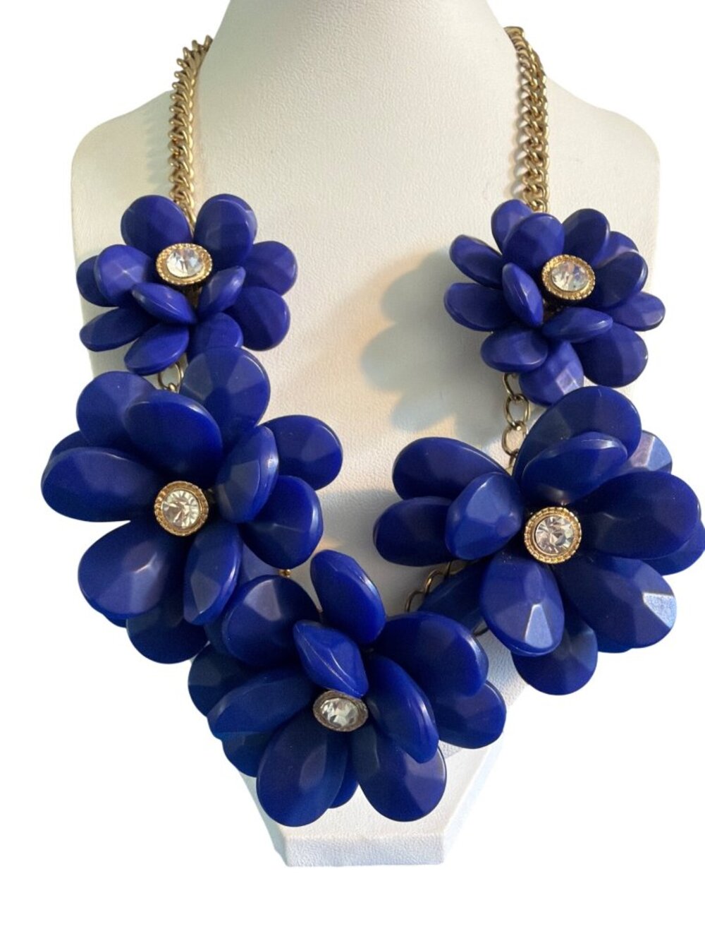 Vintage Natasha Blue Gold Tone Statement Necklace Resin Flowers Estate Adj 21"